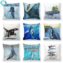 Watercolor Whale Polyester Throw Pillow Cover Sofa Bedside Cushion Pillowcase Ocean Blue Sea Fish Decorative Pillowcases 45X45CM 2024 - buy cheap