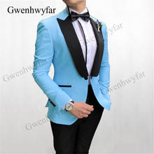 Gwenhwyfar-esmoquin azul claro para novio, traje Formal de fiesta para hombre, diseño de botón personalizado, trajes de hombre, Blazer, pantalones, conjuntos de cinturón, 2020 2024 - compra barato