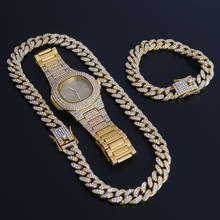 Gold Necklace +Watch+Bracelet Hip Hop Miami Cuban Chain Iced Out Paved Rhinestones CZ Bling Rapper For Men Jewelry New 2024 - buy cheap