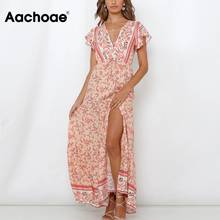 Aachoae vestido longo feminino de verão, estampado, decote em v profundo, manga curta, estilo boêmio, moda praia, maxi vestido 2024 - compre barato