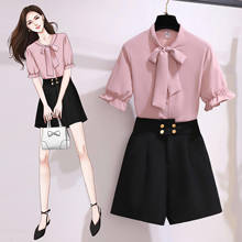 office ladies elegant 2 pieces shorts sets summer Sweet Korean bow collar chiffon tops and shorts 2 pieces sets women clothing 2024 - buy cheap