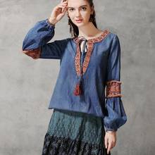 TIYIHAILEY Free Shipping Cotton Denim Shirts For Women Long Lantern Sleeve Embroidery Blouses Tops Chinese Style S-L 2024 - buy cheap