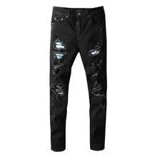 Men's Black Patch Design Patchwork Ripped Denim Jeans Slim Skinny Holes Destroyed Stretch Pants Trousers High Quality 2024 - buy cheap