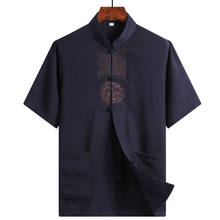Camiseta de traje tang para hombre, tops de algodón y lino, traje Tang delgado de mediana edad, camisa china de manga corta, hanfu 2024 - compra barato