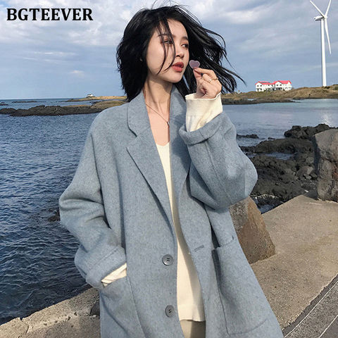 BGTEEVER, повседневное свободное Женское шерстяное пальто с пуговицами спереди, плотное Женское пальто из смешанной ткани с отложным воротником, зимнее пальто с длинным рукавом, верхняя одежда 2022 - купить недорого