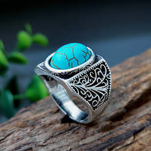 Vintage Natural Oval Turquoises Statement Ring Retro Silver Color Pattern Big Stone Wedding Rings for Women Men Boho Jewelry 2024 - buy cheap