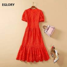 New Arrival Lace Dress 2021 Spring Summer Party Events Women O-Neck Allover Crochet Lace Embroidery Mid-Calf Length Red Dress 2024 - buy cheap