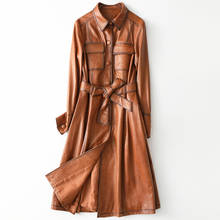 Jaqueta de couro corta-vento feminina, jaqueta longa de couro em novo estilo com um ajuste slim, primeira camada de pele de carneiro, casaco de couro 2024 - compre barato