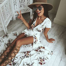 2021 Long Summer Beach Dress Printed Women Sexy Deep V Floral Chiffon Maxi Dress Front Split Bohemian Dresses White Boho Dress 2024 - buy cheap