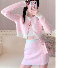 Sweet Girl Plaid Knitted 3 Piece Set Women Long sleeve O-neck Cardigans Camisole Mini Skirts Short Sweater Sets Female Outfits 2024 - buy cheap