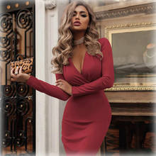 Women Bandage Bodycon Casual Sleeve Long Sleeve Evening Party  Club Long Solid Color Deep V Neck Dress 2024 - buy cheap