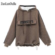 ZuoLunOuBa Autumn Winter Casual Women Lamb Wool Hoodie Sweatshirt Brown Fake Pocket Letter Print Long Sleeved Pullover 2024 - buy cheap