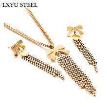 Stainless Steel Long Tassel Necklace Earrings Sets For Women Fashion Bowknot Gold Color Jewelry Sets Women Engagement Jewellery 2024 - buy cheap