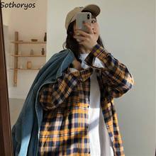 Blouse Women Shirt Turn-down Collar Spring Plaid Loose BF Retro All-match Streetwear Students Ulzzang Leisure Yellow Long Womens 2024 - buy cheap