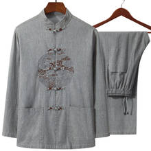 New Men's Gray  (Long Sleeve Shirt+Pant) 2Pcs/Set High Quality Cotton Linen 4XL Men Kung Fu Tai Chi Suit Classic Wu Shu Clothing 2024 - buy cheap