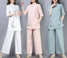 Traje de Tai chi de algodón y lino para mujer, uniformes de taijiquan, trajes bordados de manga corta, ropa transpirable de artes marciales 2024 - compra barato