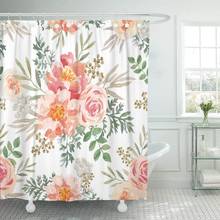 Pink Roses and Peonies Khaki Green Leaves Watercolor Romantic Shower Curtain Waterproof Polyester Fabric 72 x 72 Inches 2024 - buy cheap