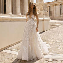 Vestido de noiva aplique floral 3d, decote em v, sem mangas, costas nuas, estilo boho, plus size 2024 - compre barato