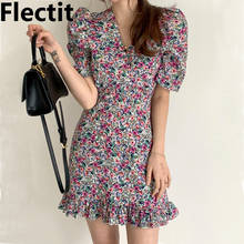 Flectit Ruffled Floral Dress Puff Sleeve V-Neck Frilled Hem Korean Womens Summer Dress * 2024 - buy cheap