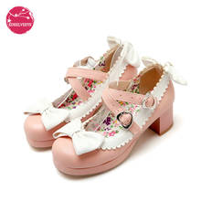 Zapatos de tacón alto Lolita para mujer, calzado de fiesta, Cosplay, con nudo de mariposa, color rosa, talla grande 34-48 2024 - compra barato