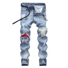 Мужские джинсы с эластичной резинкой на талии, обтягивающие джинсы, Мужские Стрейчевые рваные брюки 2020, уличные мужские джинсы синего цвета 2024 - купить недорого