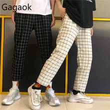 Gagaok Streetwear Pant Women 2020 Spring Autumn New Plaid High Straight Retro Harajuku Wild Female Fashion Ankle-Length Pants 2024 - buy cheap