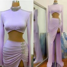 Lavander Evening Gowns 2020 Crystal Beaded Side Split Mermaid Prom Dresses High Neck Custom Made Robe De Soirée Long Sleeves 2024 - buy cheap