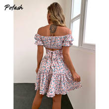 Pofash Ruffle Off Shoulder Summer Dress Backless Floral Print Women Two Pieces Outfits Puff Sleeves Top And Mini Skirts Set 2021 2024 - buy cheap