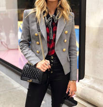 GREY Tailored Double Breasted Blazer Gold Buttoned Front Flap Pocket Slim COAT WOMAN 2019 NEW 2024 - buy cheap