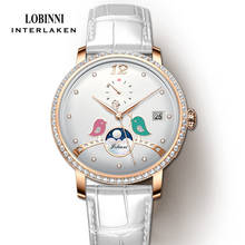 Lobinni relógio feminino pulseira de couro genuíno diamante dial fase da lua relógio mecânico automático feminino cristal safira relógio feminino 2024 - compre barato