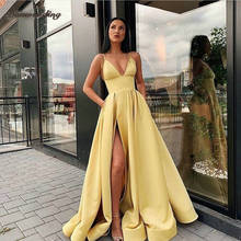 Sexy V-Neck Satin Evening Dresses Sleeveless Side Split Floor-Length Prom Dress Backless Pockets Girl Party Dresses New Arrival 2024 - buy cheap