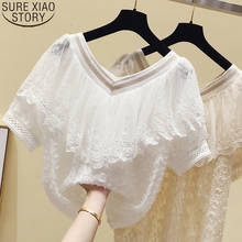 2022 Summer New Short Sleeve Ruffle Stitching Chiffon Shirt Lace Blouse Women V-neck Slim Sweet Solid Korean Tassel Tops 13497 2024 - buy cheap
