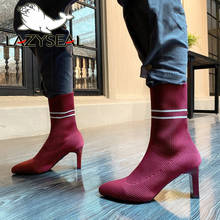 LazySeal 7.5cm Littlle Square Heels Sock Boots Women Shoes Wine Red Gingham Stretch Fabric Pointed Toe Woman Winter Ankle Boots 2024 - buy cheap