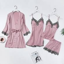 Pink Silk Satin Pajamas Womens 4PC Strap Top Pants Suit Sleepwear Sets Casual Home Wear Nightwear Sexy Robe Bath Gown M L XL 2024 - buy cheap