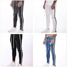 Calça jeans masculina listrada, slim, branca apertada, rasgada, para homens, preto, branca, skinny, jogging, calça de rua, esticável, motociclista 2024 - compre barato