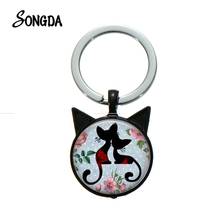 Garden Couple Cats Lovely Keychain Animal Cartoon Black Cat Printed Glass Cabochon Pendant Pet Lovers Women Bag Key Ring 2024 - buy cheap