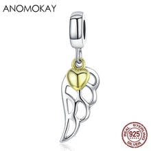 Anomook-Colgante de alas de plumas de Ángel de Plata de Ley 925, abalorio para pulsera, S925 collar, colgante de plata con Corazón dorado 2024 - compra barato