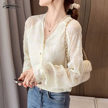 Autumn Solid Color Chic Lace Bottoming Shirt Elegant Retro Embossed V-neck Lantern Sleeve Long Sleeve Blouse Blusas Mujer 12194 2024 - buy cheap