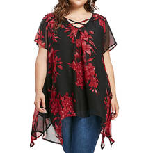 Women Plus Size Chiffon Shirts Cross V-neck Short Sleeve Tops And Blouses Female Casual Floral Print Shirt Large Camisas Blusas 2024 - buy cheap