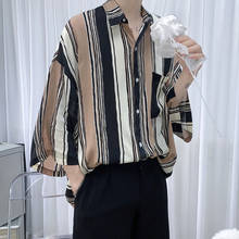 Spring Summer Mens Shirts 2021 New Short Sleeve Fashion Pockets Decor Striped Loose Shirt Korean Male Streetwear Casual Clothes 2024 - buy cheap