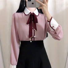 2020 Brand New Women Cute Shirt Peter Pan Collar Bowtie Pearl Womens Tops and Blouses High Quality Long Sleeve Blusas Mujer 2024 - buy cheap