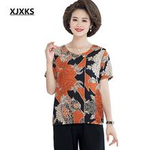 Xjxks blusa feminina elegante de verão, camisa feminina estampada para escritório, manga curta de chiffon, plus size, tops e blusas femininas 2024 - compre barato
