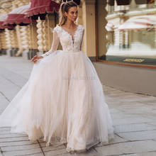 Charming Nude Tulle V Neck A Line Wedding Dresses with Long Sleeves Lace Appliques Floor Length Backless Bridal Gowns 2020 2024 - buy cheap
