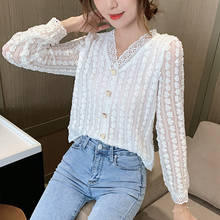 Женская Офисная кружевная блузка, Офисная ажурная Блузка с V-образным вырезом и длинными рукавами, в Корейском стиле, на пуговицах, осень-весна 2021 2024 - купить недорого
