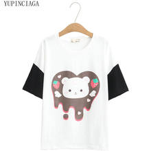 Camiseta Harajuku de algodón para mujer, ropa con estampado de oso de fresa de dibujos animados, cuello redondo, manga corta, verano 2020 2024 - compra barato