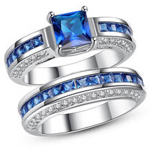 Conjunto de anillos de circonia azul con diamantes de imitación para mujer, sortija de compromiso, boda, novia 2024 - compra barato