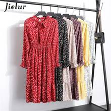 Jielur-vestido Floral Vintage de gasa para Mujer, vestido Midi de manga larga con lazo, estampado de encaje, rojo y negro coreano 2024 - compra barato