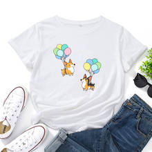 Camisetas con estampado de dibujos animados de globo Corgi para Mujer, blusas informales de manga corta con cuello redondo, Camisetas de algodón para Mujer, Camisetas de calle Harajuku para Mujer 2024 - compra barato