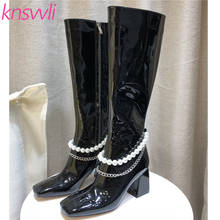 New Designer Chunky High Heels Knee High Boots Women Black Patent leather Runway Shoes Woman Pearl Chain Decorate Botas Mujer 2024 - buy cheap