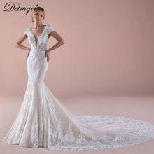 Detmgel Luxury V-Neck Beaded Cap Sleeve Lace Mermaid Wedding Dresses 2022 Gorgeous Appliques Chapel Train Princess Wedding Gown 2024 - buy cheap
